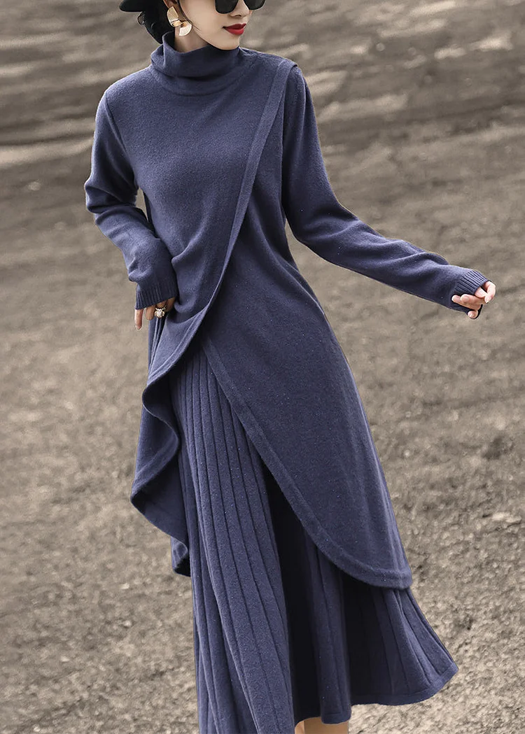 New Blue Turtleneck Tops And Skirts Wool Knit Two-Piece Set Spring