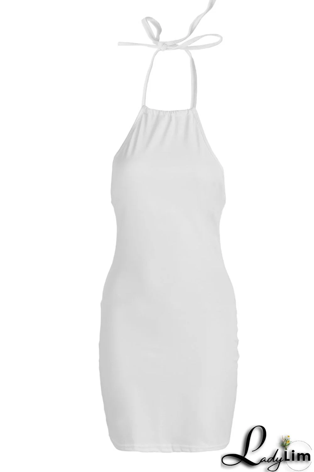 White Sexy Solid Split Joint Backless Halter Pencil Skirt Dresses