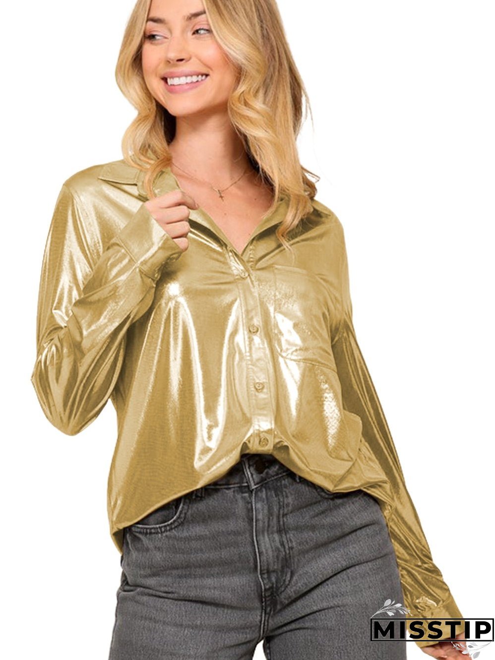 Golden Shimmer Shift Shirt with Chest Pocket