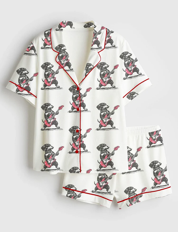Women&rsquo;s Rock Doxie Vintage Dachshund Weenie Playing Guitar Funny Wiener Dog Rocker Print Short Sleeve Satin Pajama Set