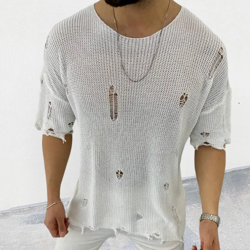 Men's 2024 Summer Knitwear Crew Neck Short Sleeve Hollow Pullover Sweater