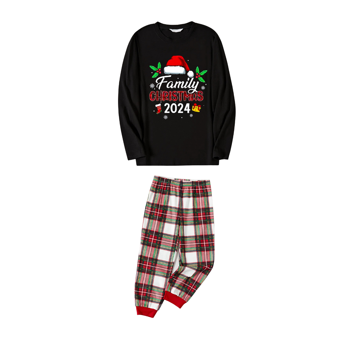 "Family Christmas 2024" with Santa Hat Pattern Ⅰ- Black Top with Red & White & Green Plaid Pants Family Matching Pajamas