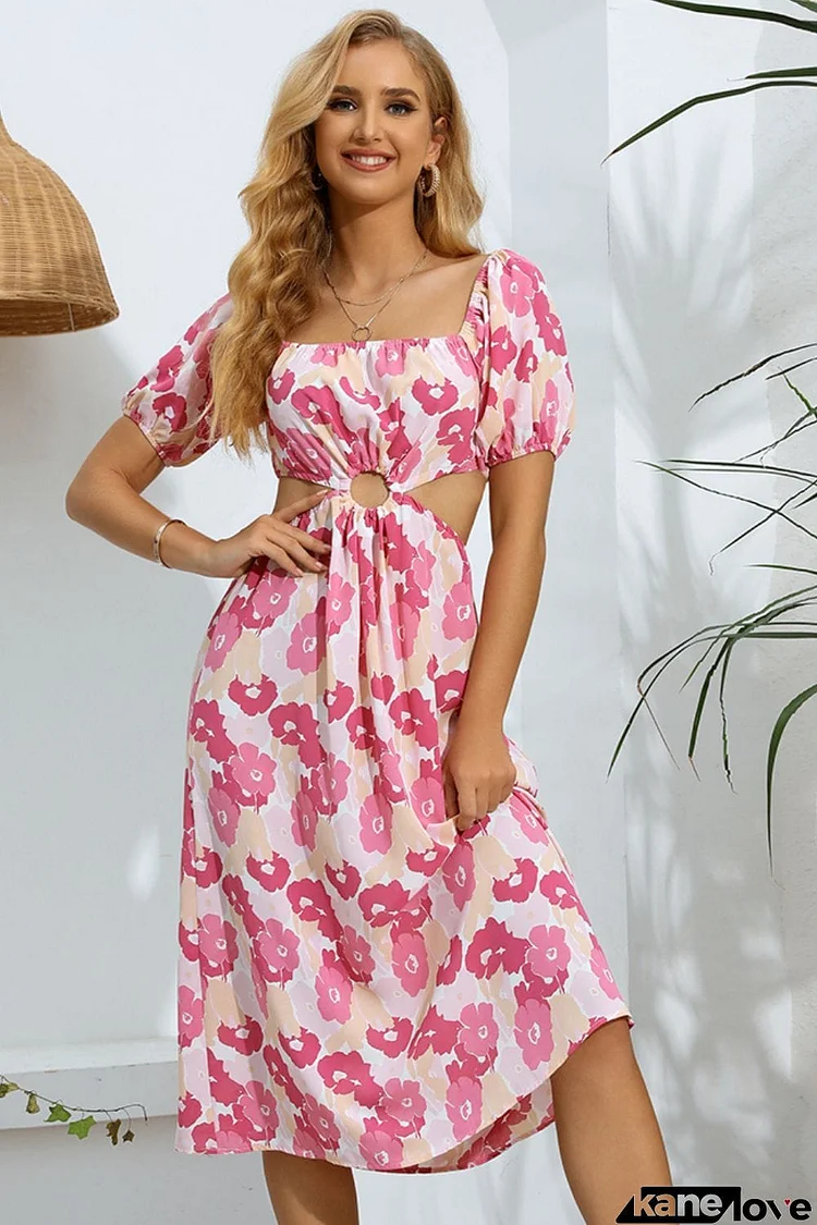 Floral Cutout Square Neck Puff Sleeve Dress