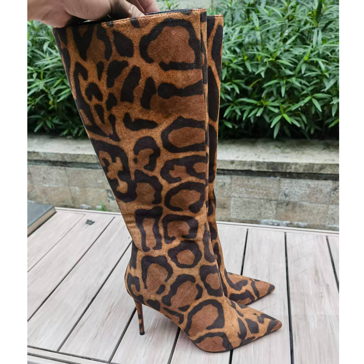 100mm Women's Stiletto Heel Knee Boots Red Bottom Leopard Suede Knee Boots-MERUMOTE