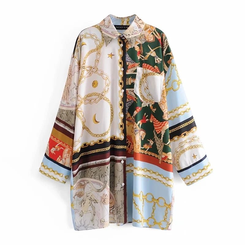Za Oversize Shirts Women's Button up Blouses Patchwork Long Sleeves Vintage Printed Tops Loose Plus Size Mujer Blusas Spring trf
