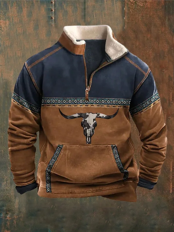 🔥BUY 3 GET 10% OFF🔥Men's Vintage Western Bull Skull Fur Collar Paneled Sweatshirt