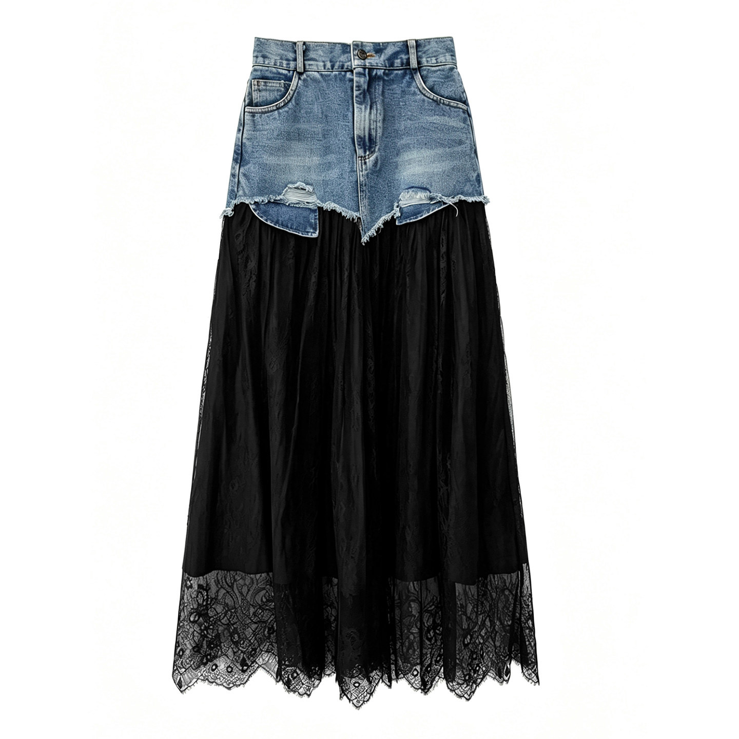 Personalized denim splicing lace skirt