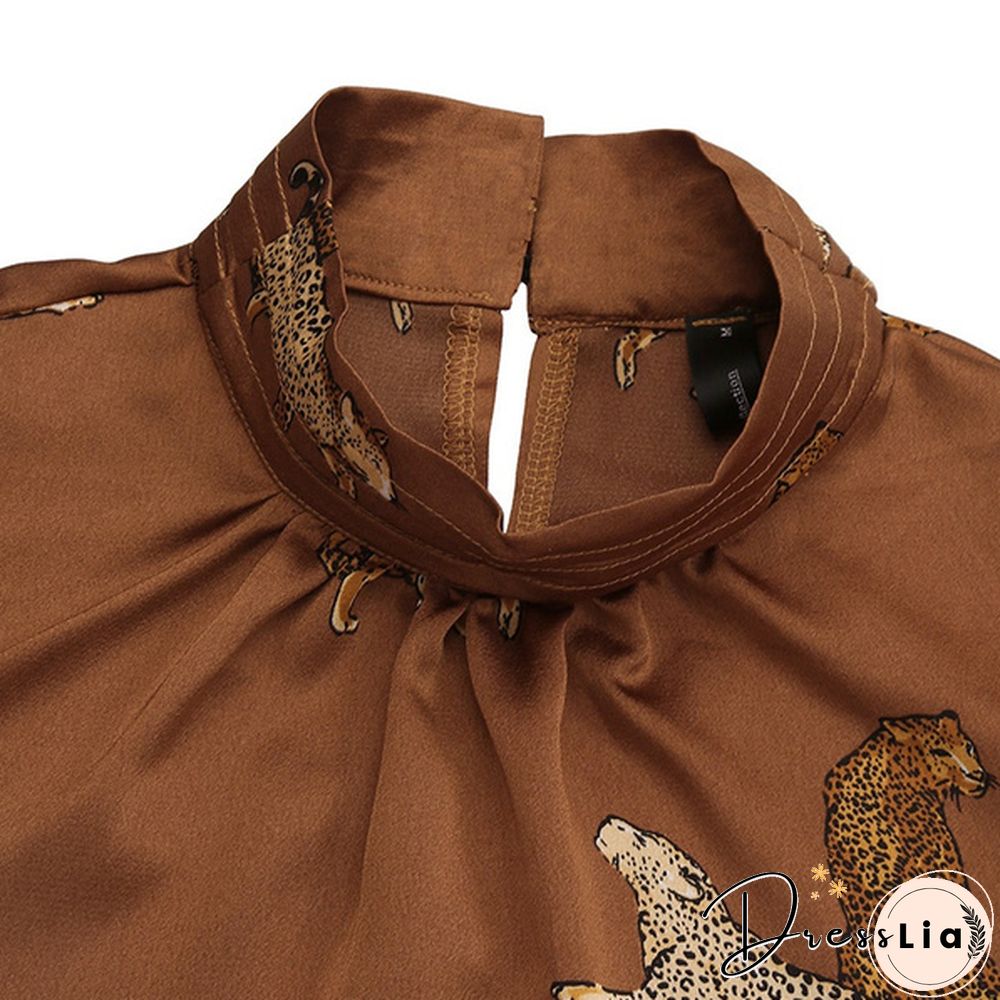 Celmia Women Long Sleeve Stand Collar Shirt Animal Print Tops Elegant Casual Loose Blouses Plus Size
