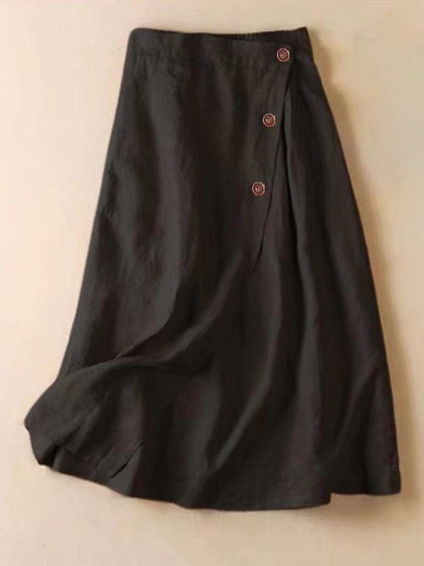 Brown Buttons Casual Solid Color A-Line Linen Skirt
