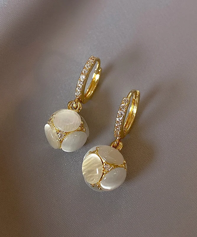 Elegant Gold Sterling Silver Overgild Zircon Cat's Eye Stone Drop Earrings