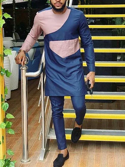 Men's chic casual navy khaki printed two piece set