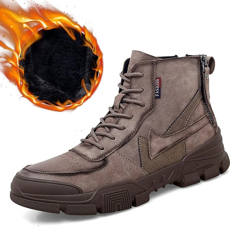 Retro Ankle Boots mens Warm Comfortable Wear-resistant Sole shoes Man Winter Motorcycle Boots back zip Male Walking Boots New