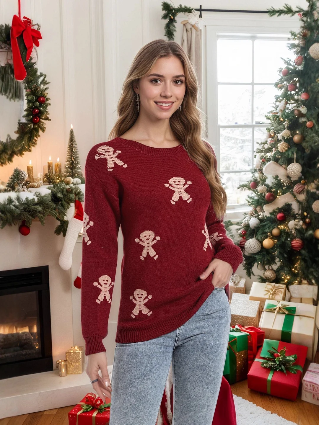 Athvotar Athvotar And Winter New Christmas Knitted Cartoon Man Embroidered Round Collar Sweater Women's Top