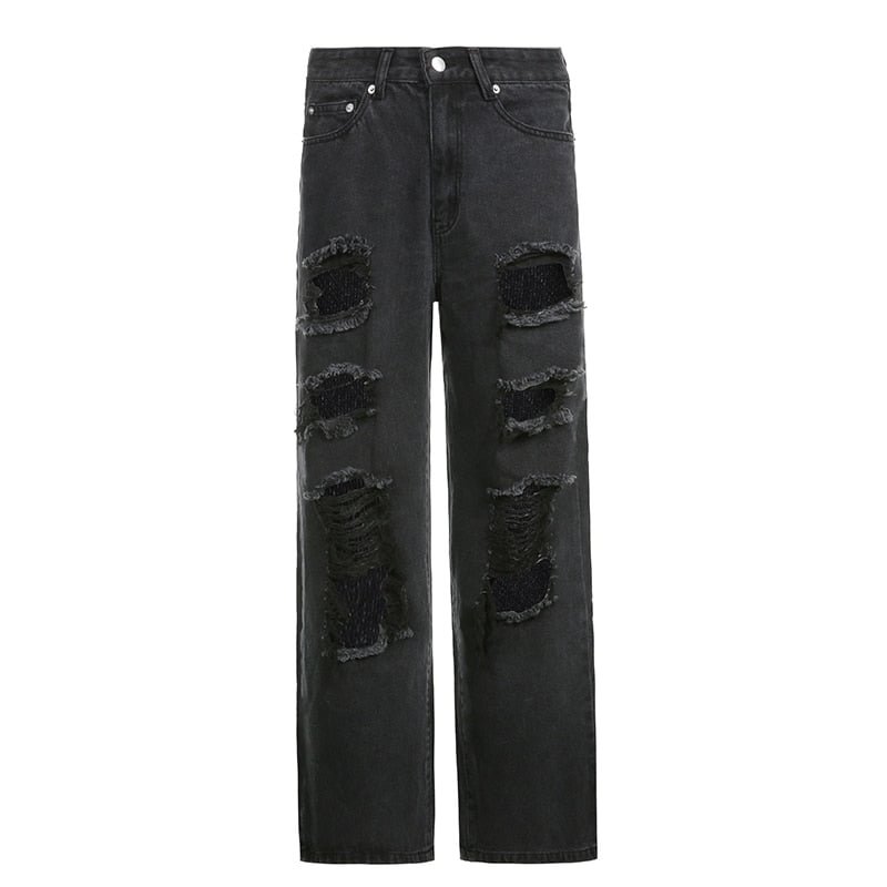 HEYounGIRL Holes Casual Black Ripped Jeans Woman Harajuku High Waist Denim Trousers Vintage Distressed Pants Capri Summer