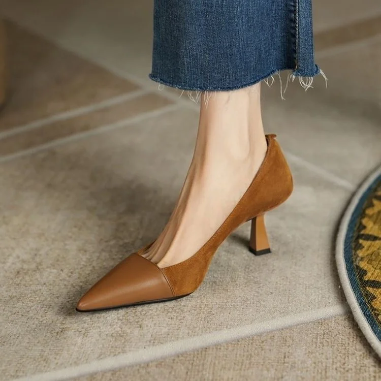 Tanguoant Tanguoant Spring And Summer New Splicing Brown Light Mouth Single Shoes Female French Pointed Female Thin Heel Simple Temperament High Heels
