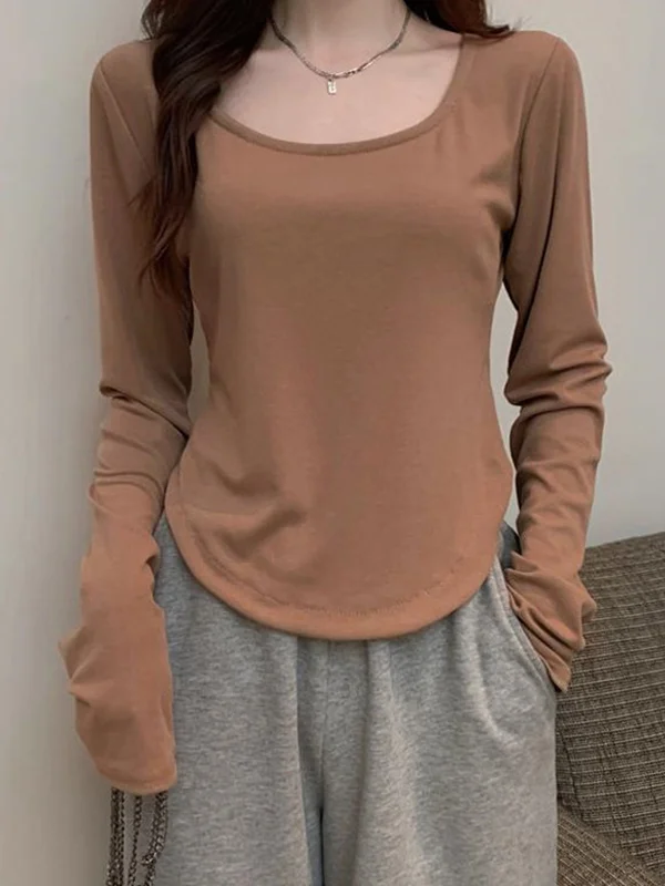 Long Sleeves Skinny Solid Color Square-Neck T-Shirts Tops