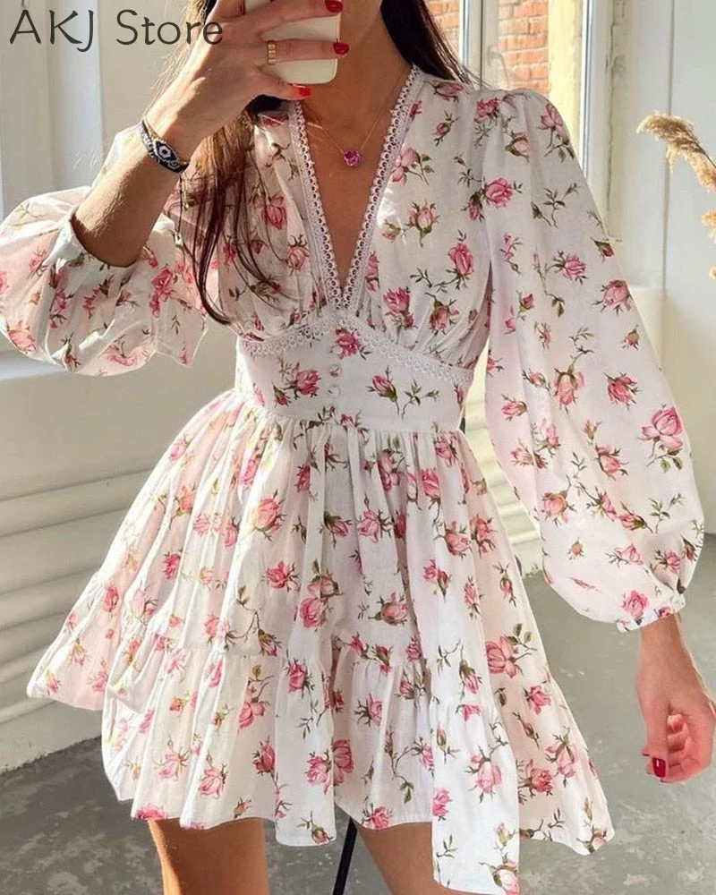 Women Floral Print Lantern Sleeve V Neck Lace Hem Ruched A-Line Dress