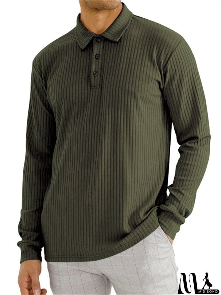 MidiSono - Men's Fall Lapel Long Sleeve Stripe Texture Golf Shirt
