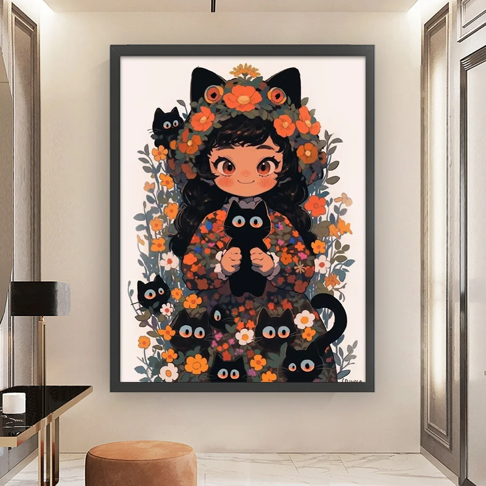 11CT Full Stamped Cross Stitch - Black Cat and Girl(Canvas|45*60CM)