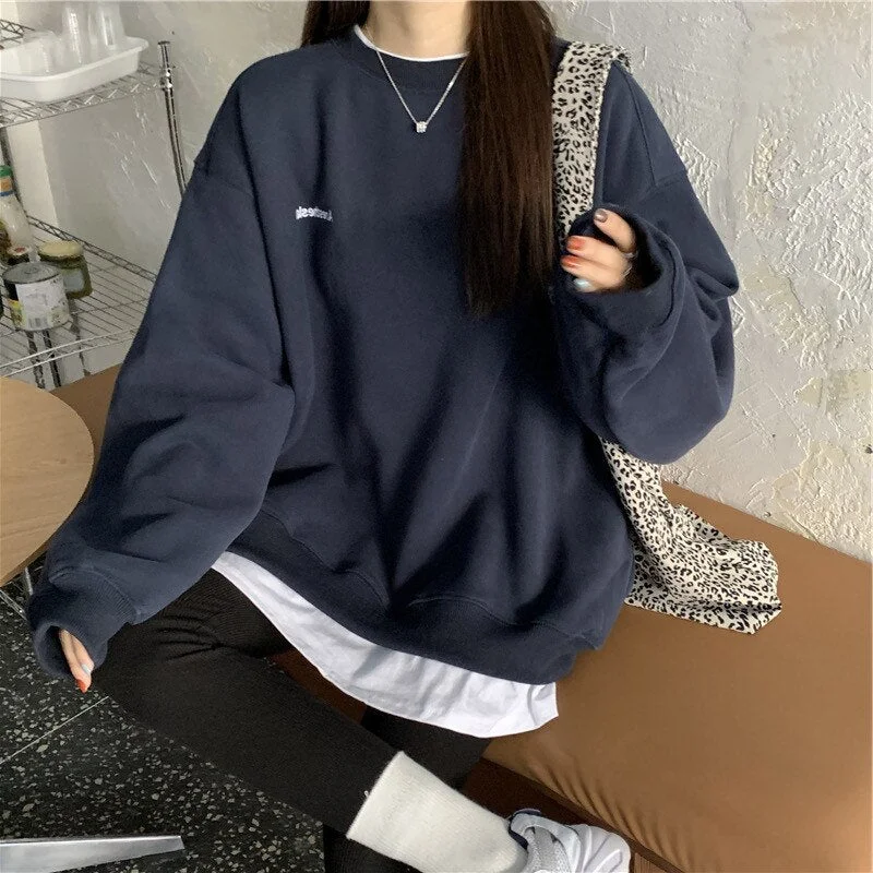 Casual Crewneck Sweatshirt Women Aesthetics Letter Long Sleeve Hoodies Fashion Korean Plush Woman Sweetshirt Egirl Clothes Tops
