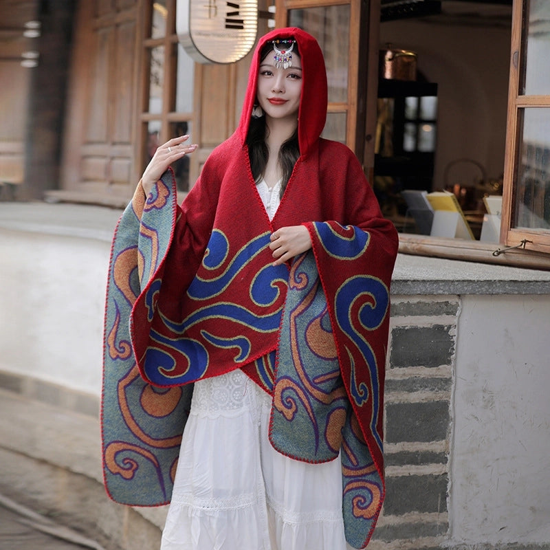 Ethnic Style Hooded Shawl Cloak Lijiang Xinjiang Tibet Northwest Tourism Wear Photograph Warm Outer Cape