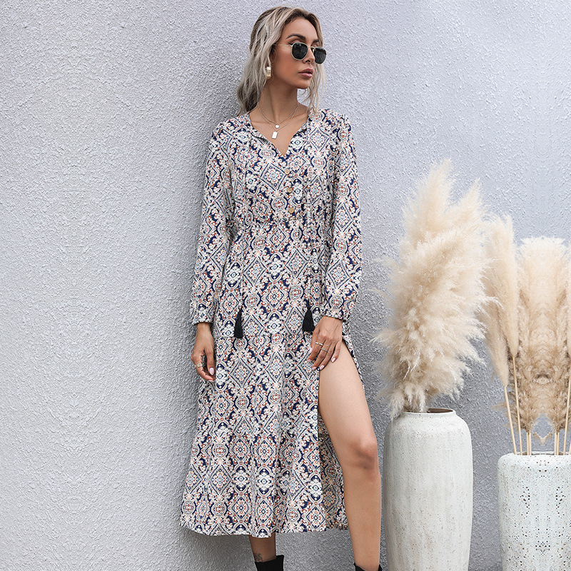 Mature Women Fall And Winter Casual Geometric Print Long Sleeve Midi Dress