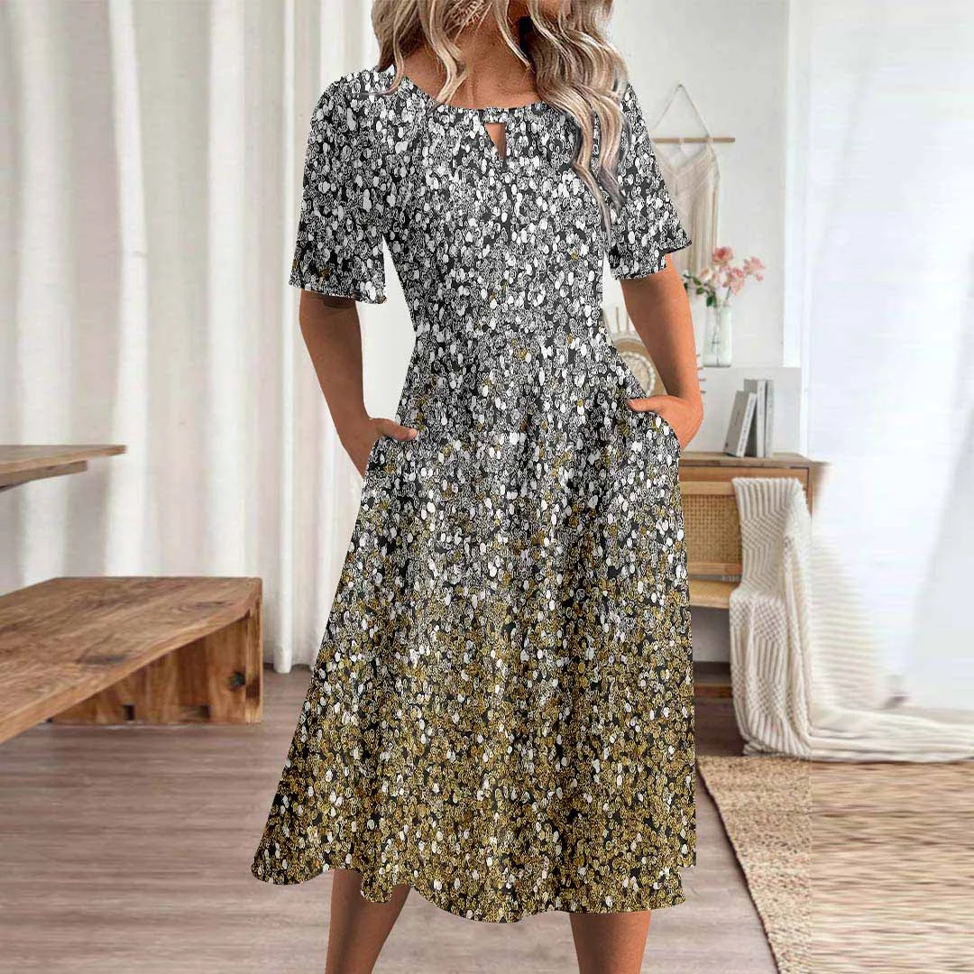 Women Colorblock,Polka Dot,Yellow DZHA8093 Short Sleeve Scoop Neck Graphic Printed Hollow Midi Dress