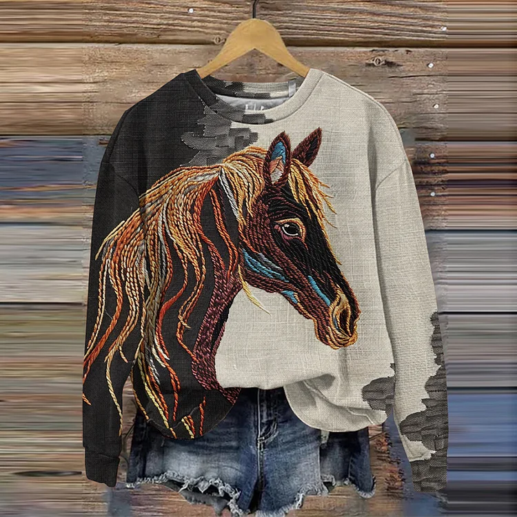 Western Horse Print Crew Neck Sweatshirt