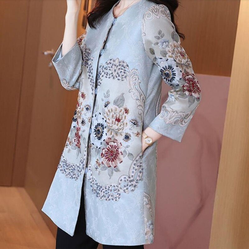Svoryxiu Vintage Jacquard Flower Print Autumn Winter Long Overcoat Outwear Women's luxury Crystal Beaded Plus Size Jackets Coat