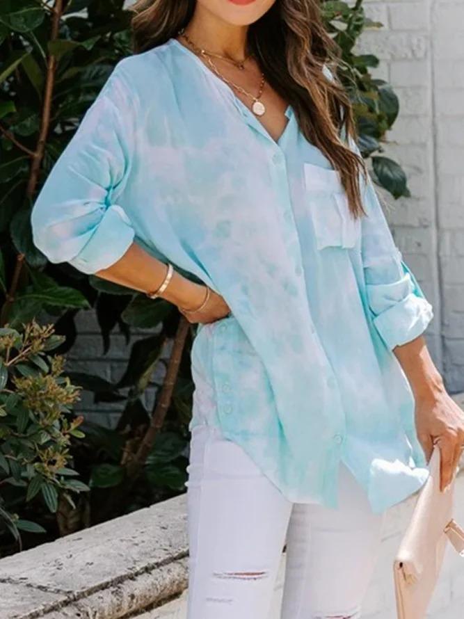 Blue Long Sleeve Ombre/tie-Dye Cotton-Blend Shirts & Tops