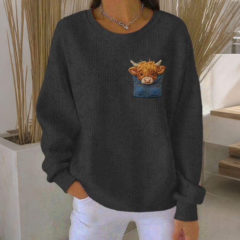 Women's Highland Cow Print Crew Neck Casual Sweatshirt elevenforest