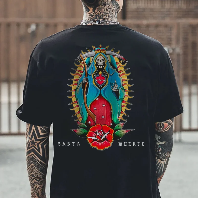 SANTA MUERTE Grim Reaper Casual Graphic Black Print T-shirt