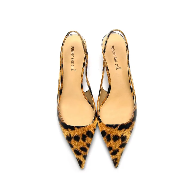 Brown Leopard Print Slingback Patent Leather Kitten Heel Pump Shoes Vdcoo