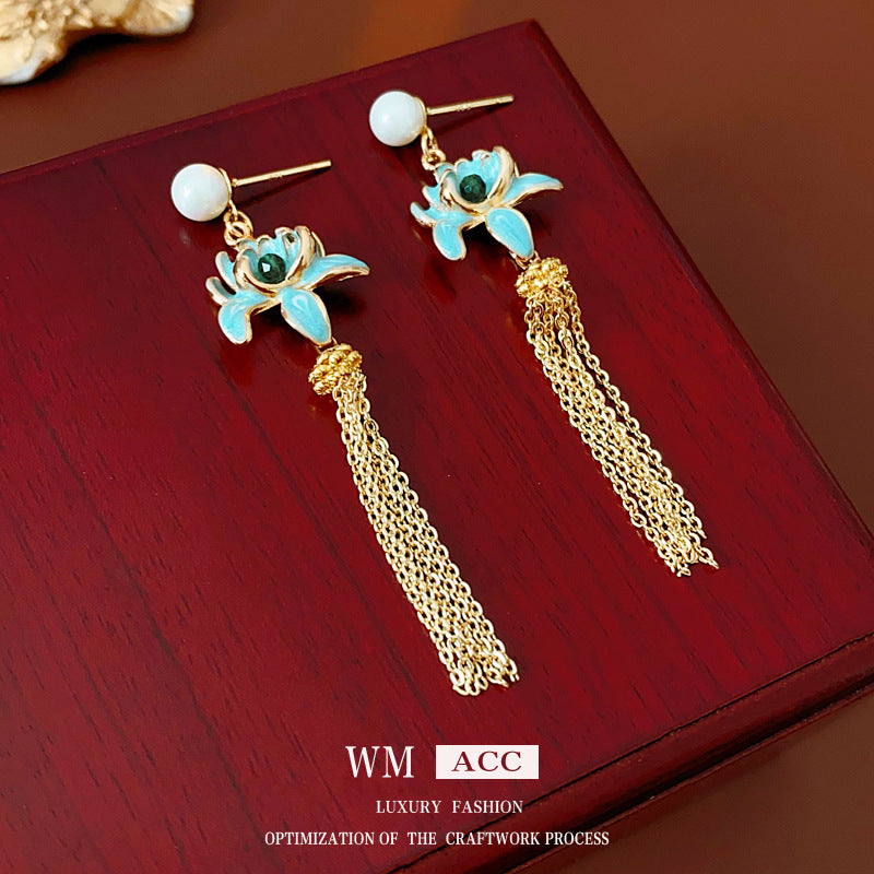 Luxurious Flower Lotus Flower Artificial Pearl Oil Dripping Earrings