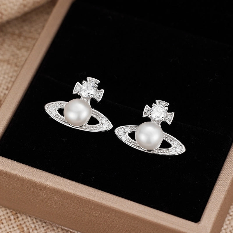 1 Pair 18K Gold Plated White Gold Plated 925 Sterling Silver Pearl Zircon 925 Sterling Silver Earrings Geometric Planet Ear Studs