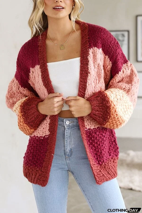 Red Striped Casual Knit Cardigan