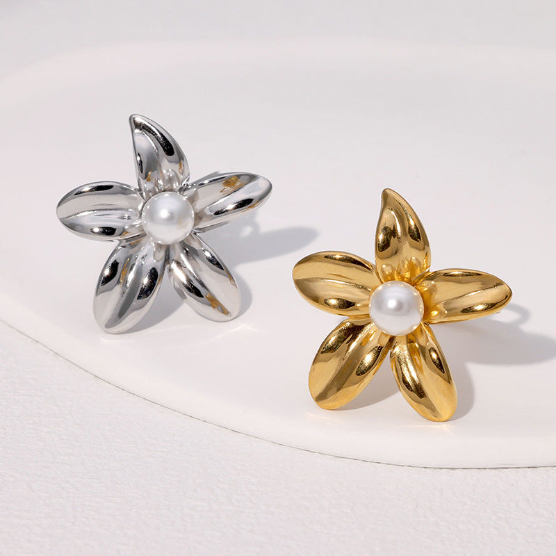 Simple And Versatile Flower Ring French Style Cold Style Real Pearl Stainless Steel Ring For Women