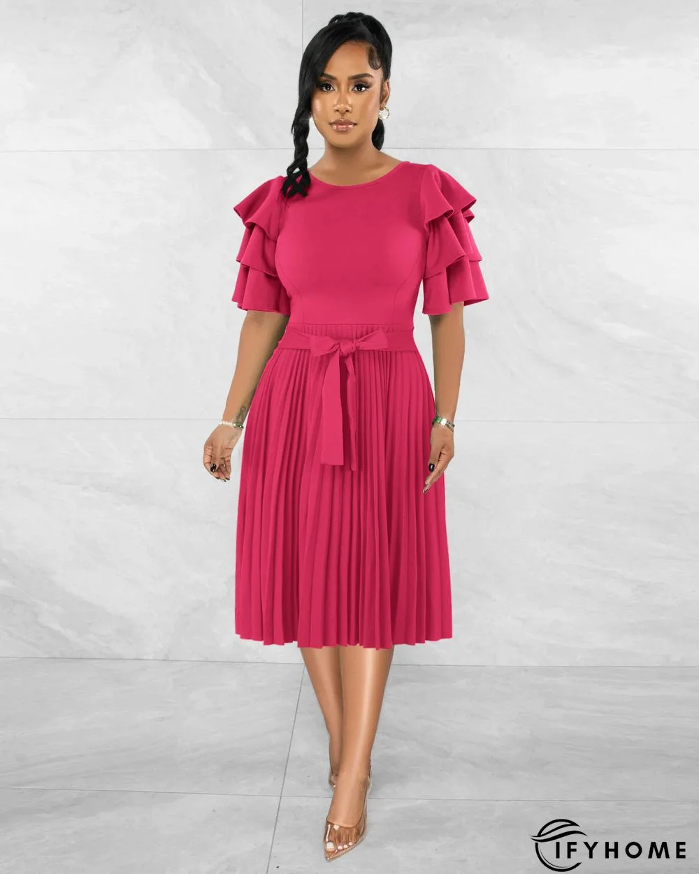 Round Neck Ruffle Short Sleeve Pressed Pleated Dress | IFYHOME