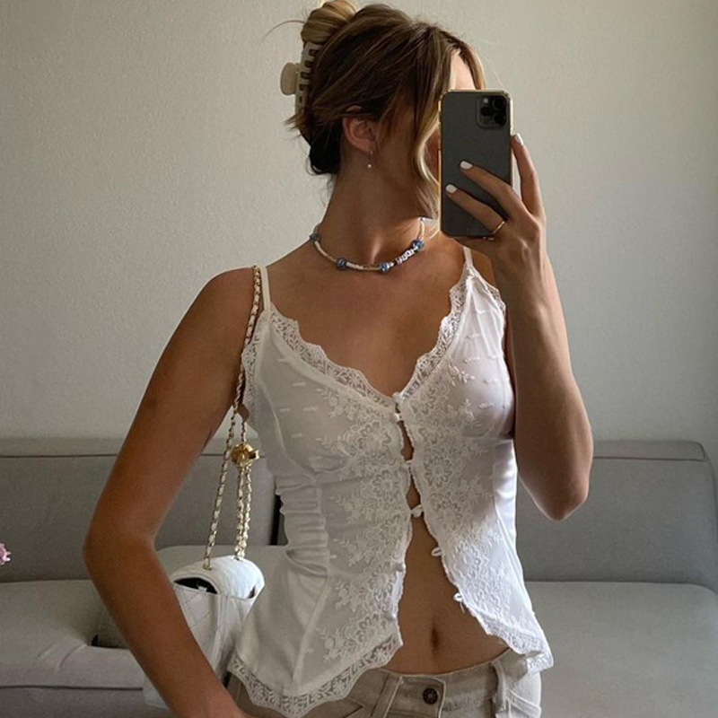 Ootddress Lace Casual Female Camisole Y2k Top V-Neck High Waist Streetwear White Backless Patchwork See-Through Women Tank Top Vest