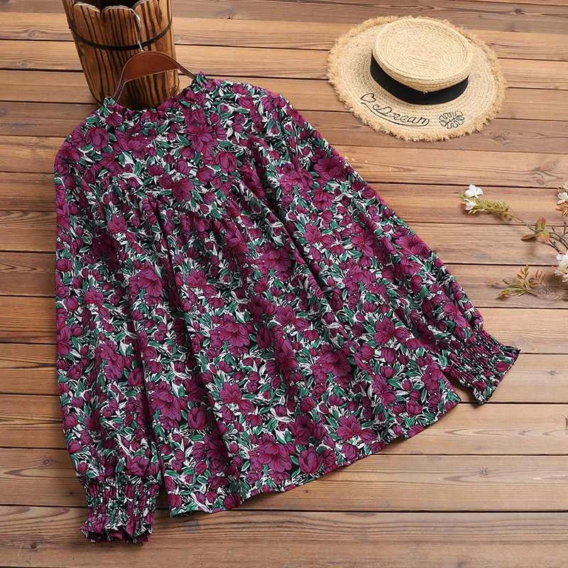 Bohemian  ZANZEA Elegant Long Puff Sleeve Party Shirt Women Stylish Floral Printed Blouse Spring Ruffles Blusas Casual Work Tops