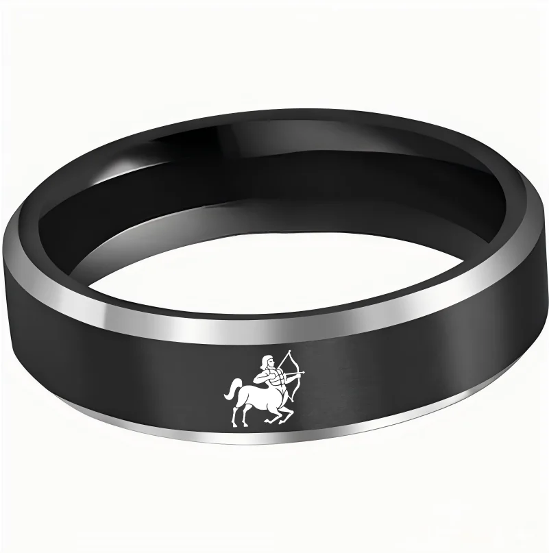 Beveled Edges Black Laser Etched Tungsten Carbide Rings Black Sagittarius Couple Wedding Bands 4MM 6MM 8MM