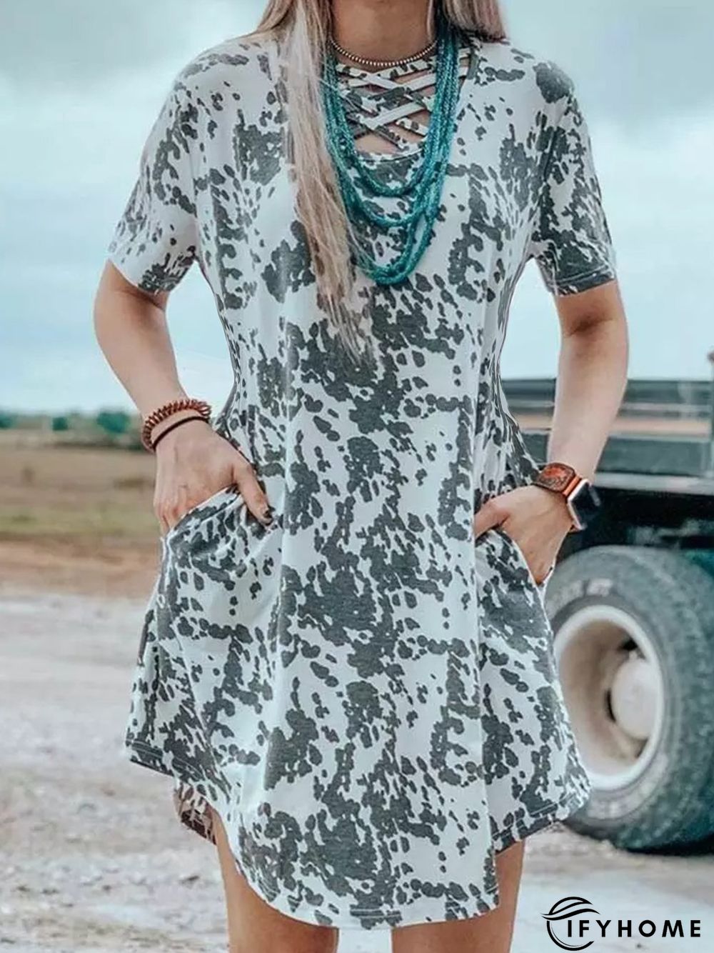 Casual Crew Neck Short Sleeve Animal Weaving Dress | IFYHOME