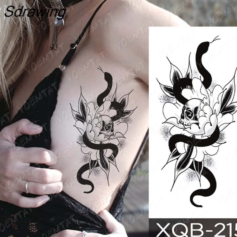 Sdrawing Temporary Tattoo Sticker Rose Snake Flower Tattoos Lace Tiger Dragon Body Art Arm Fake Sleeve Tatoo Women