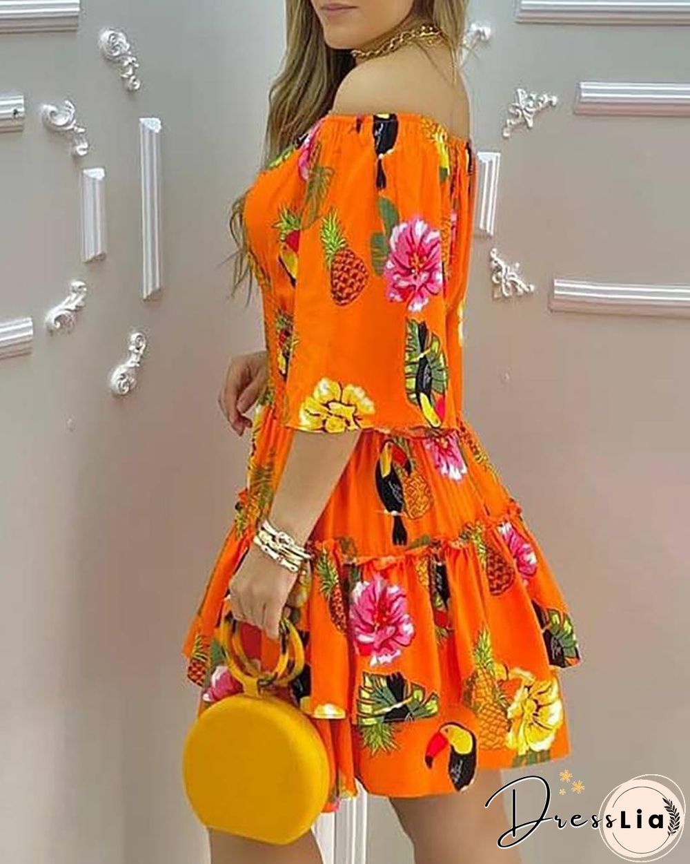 Fashion Elegant Fruit Print Off Shoulder Short Sleeve Kawaii Fairy High Waist Pleated A-Line Dress Summer Women's Party Dress