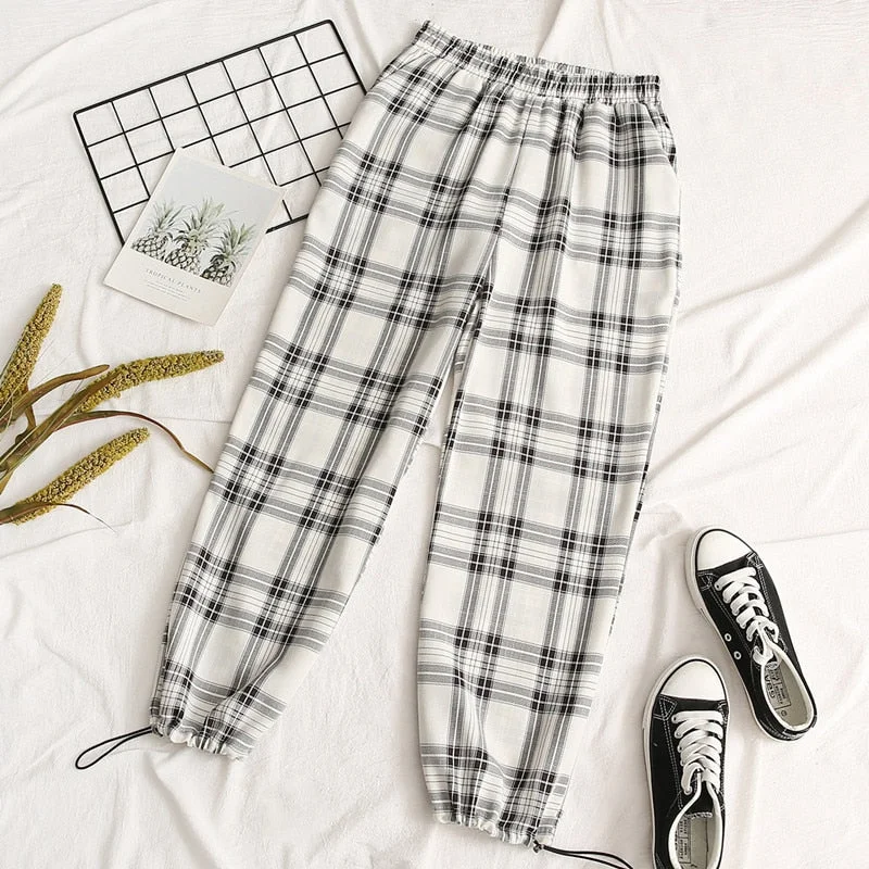 Summer Plaid Pants Women Loose Wide Leg Pants Thin Elastic Waist Lady Trousers Female Clothes