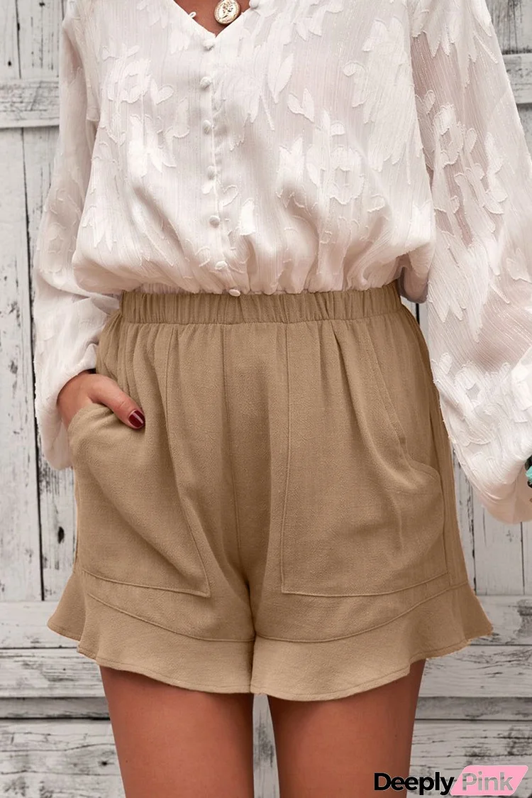 Women's Summer Khaki Pocketed Flutter Linen Cotton Shorts