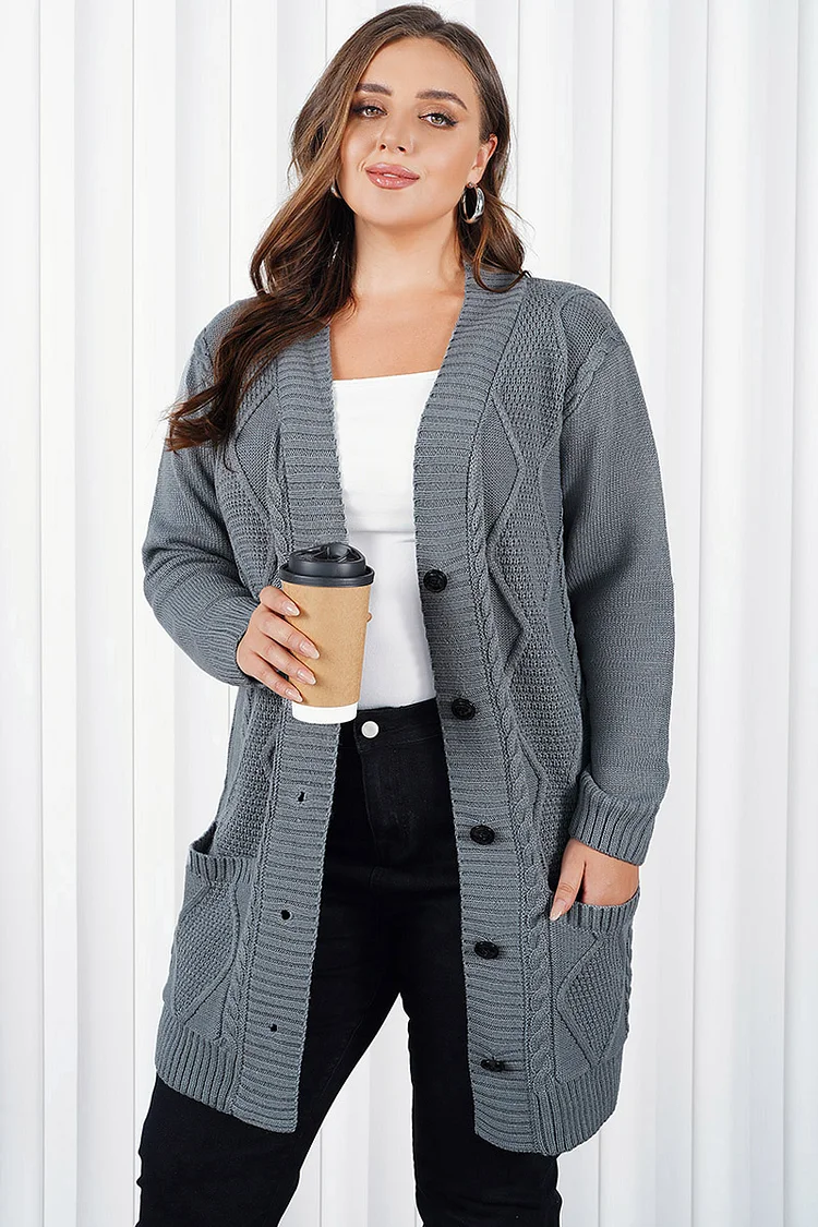 Flycurvy Plus Size Casual Grey Open Front Single Breasted Chunky Knit Cardigan  Flycurvy [product_label]
