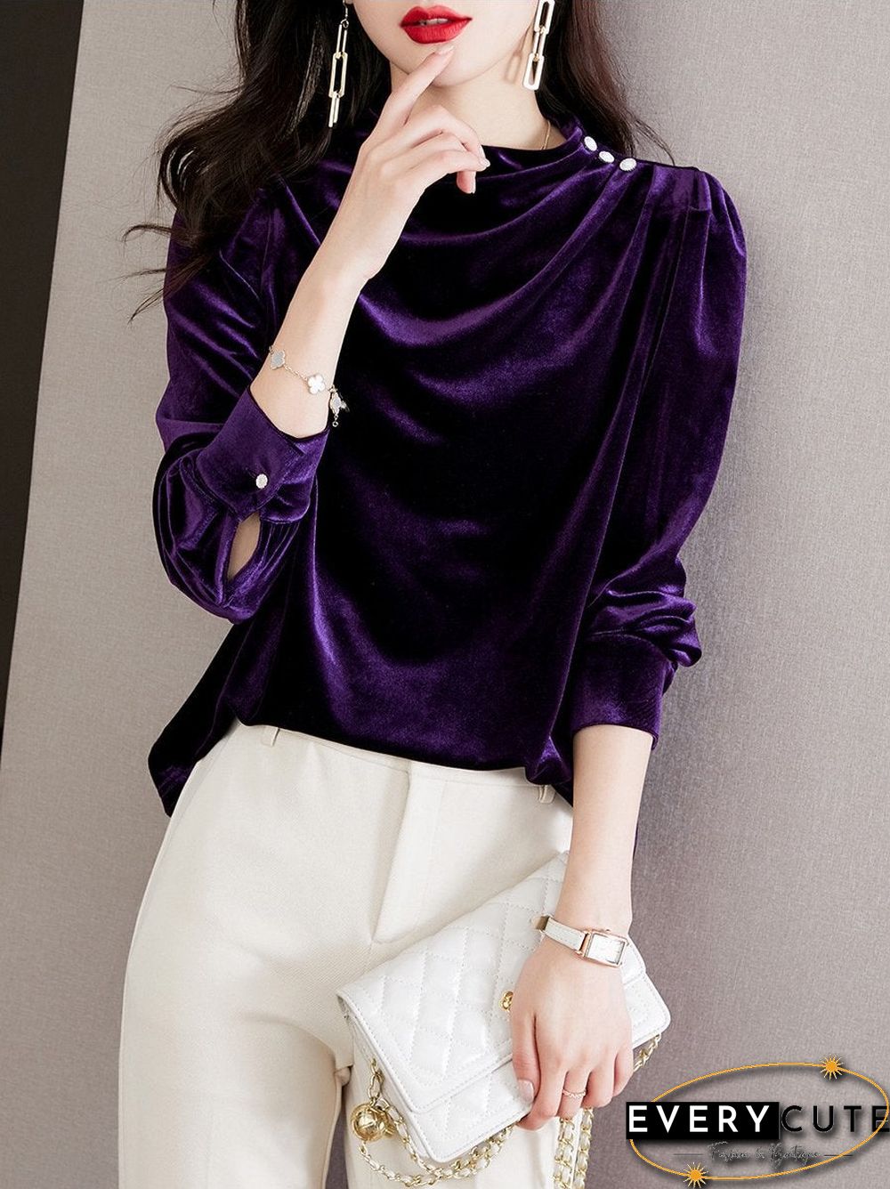 Purple Pleated Plain Velvet Top