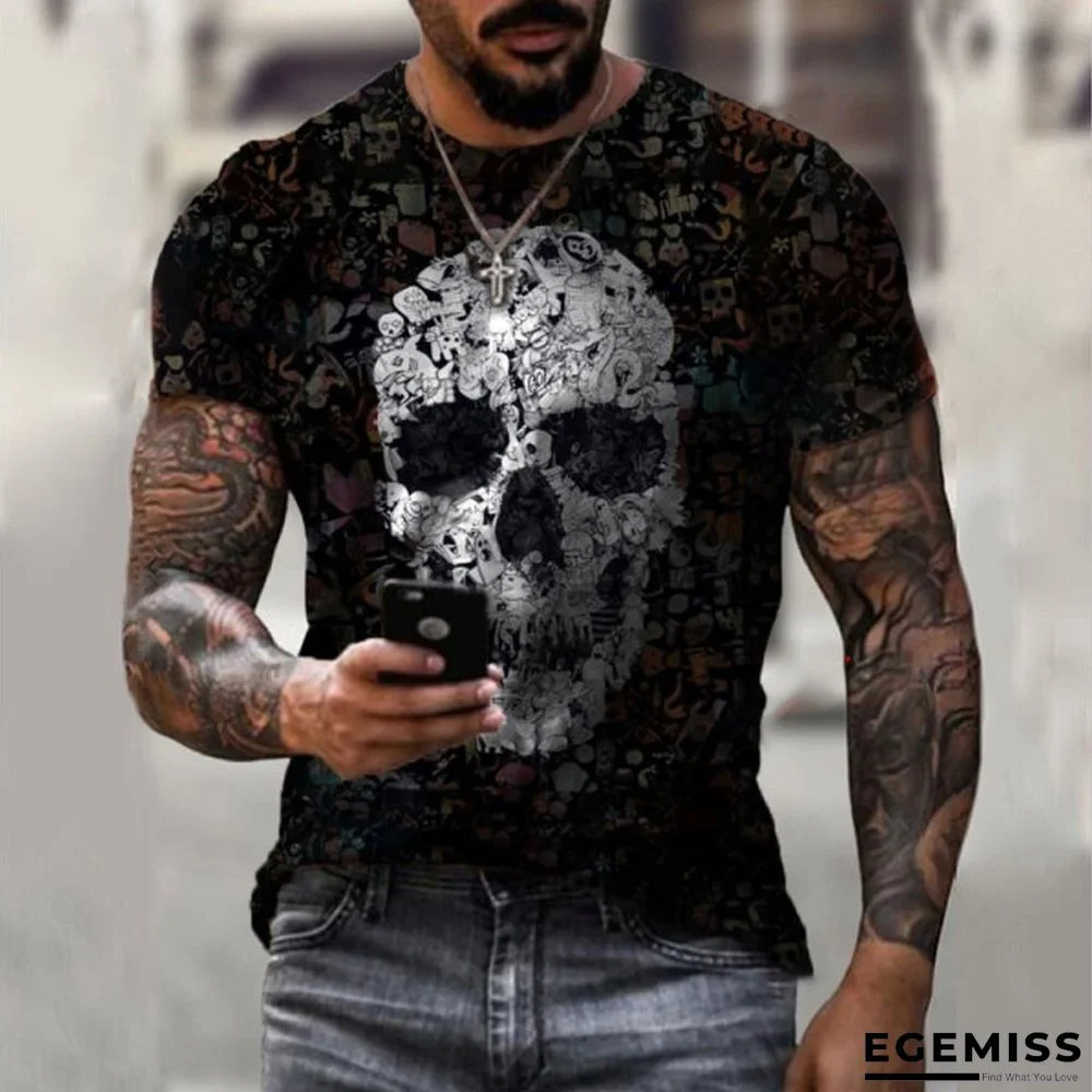 Printed t-shirt men's round neck skull head slim top short sleeve | EGEMISS