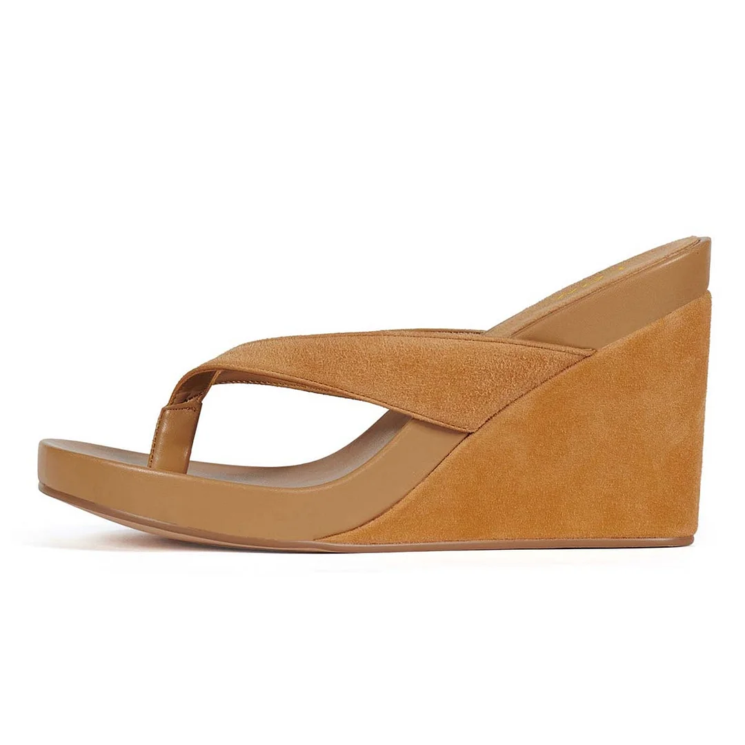 Simple Vegan Suede Flip Flop Wedge Heel Summer Sandals in Tan